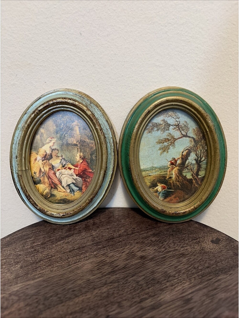 VTG Pair Italian Art Print Oval Frame Action Blue Green Handcraft Italy Florence